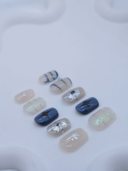 Short Coffin Blue & Blackstar Embossed Painting Press On Nails