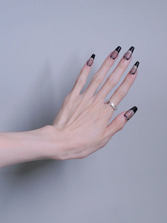 Long Coffin Black & Transparent Eclipse Elegance Diamond Press On Nails