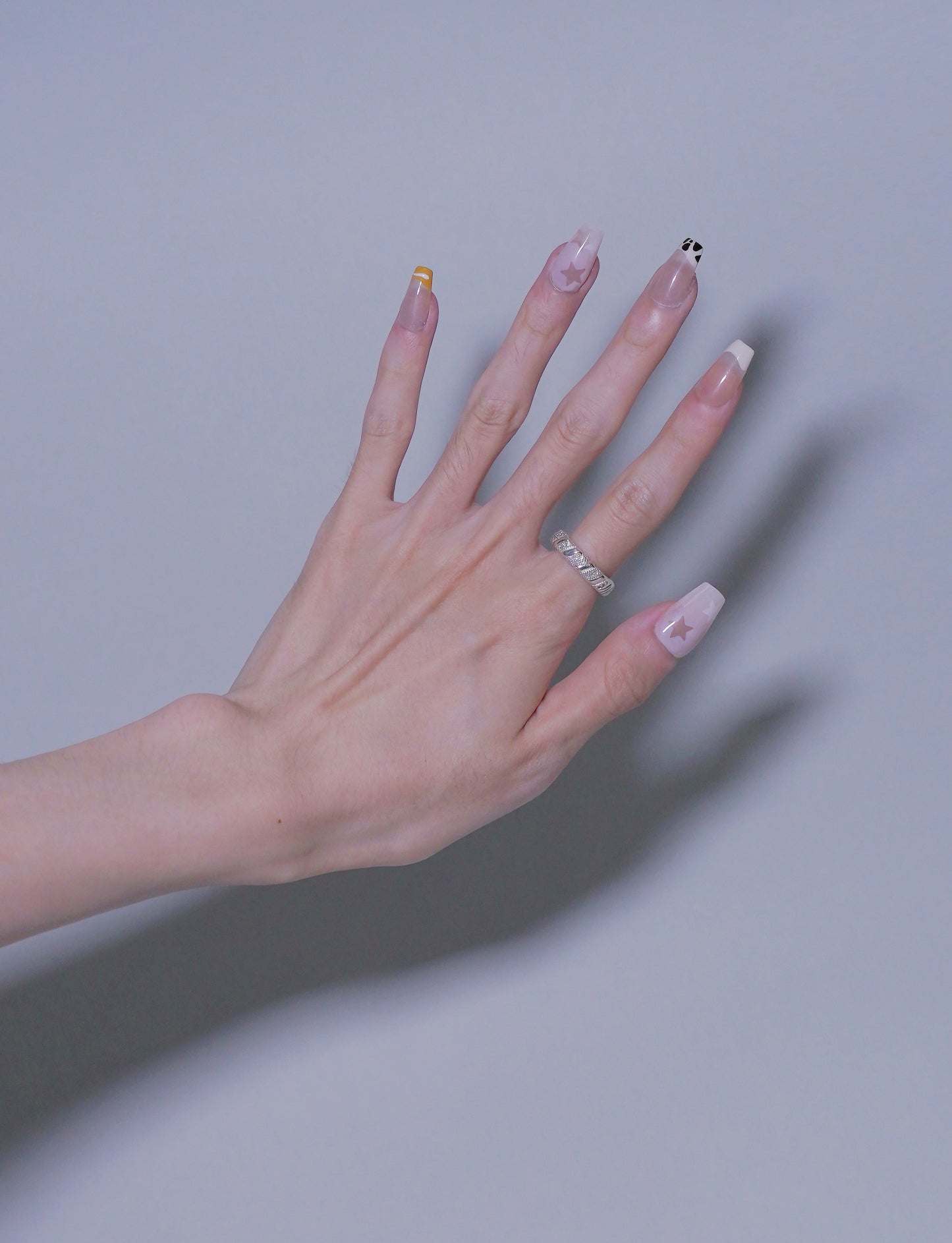 Mid-Long Coffin Pink & White Star Press On Nails