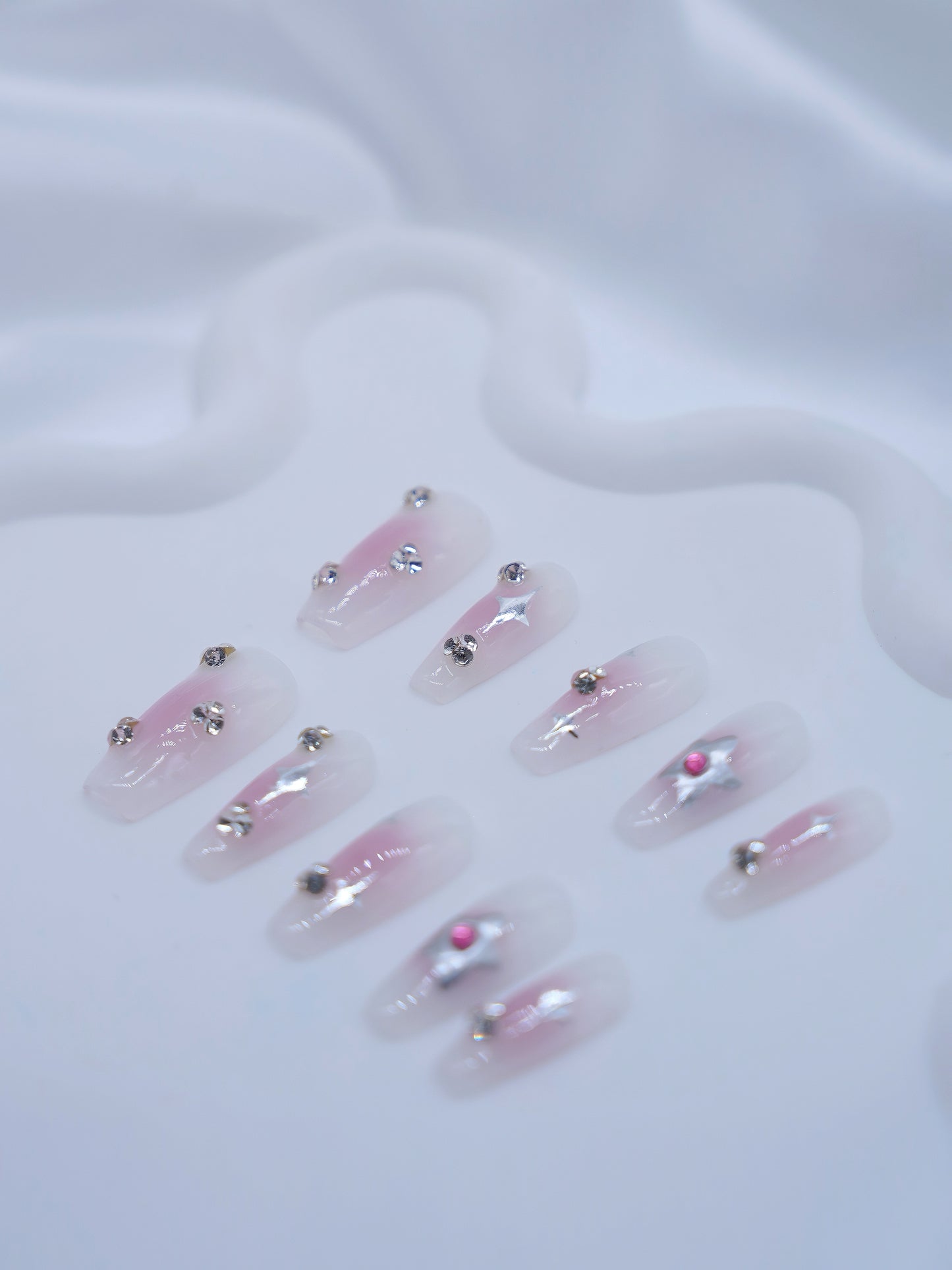 Long Coffin Pink Blush Shiny Diamond Press On Nails