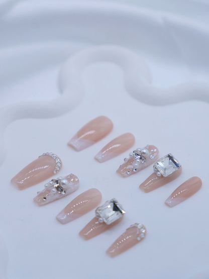 Long Coffin Pink Bubble & Square Diamond Press On Nails