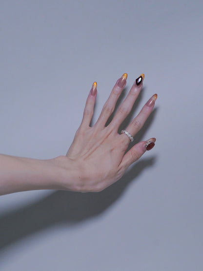 Mid-Long Oval Cateye Brown Gem & Shiny Gold Press On Nails