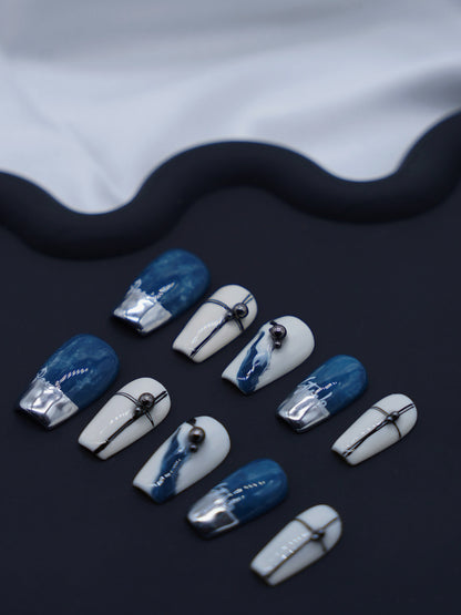 Mid-Long Coffin Pearl Blue & White Porcelain Press On Nails