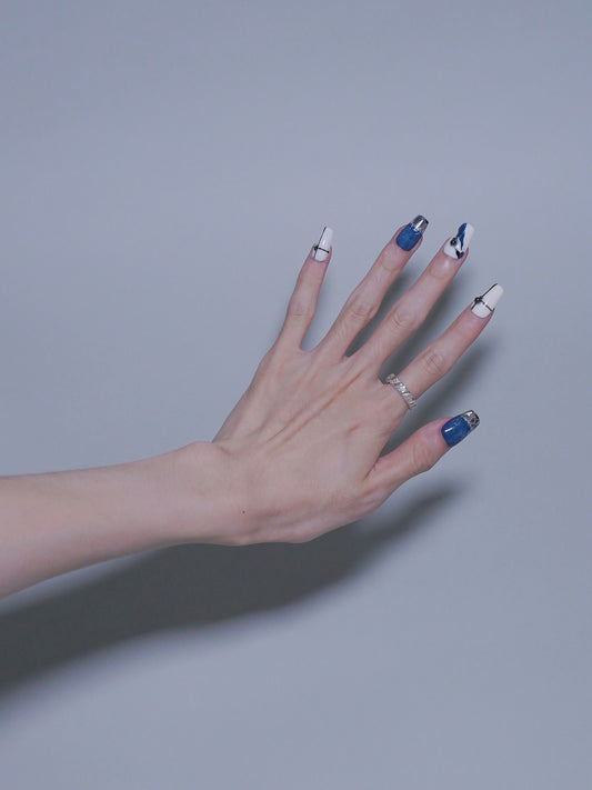 Mid-Long Coffin Pearl Blue & White Porcelain Press On Nails