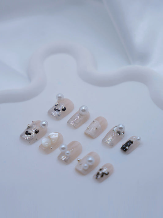 Short Coffin Pink Shiny Panda With Pearl Press On Nails