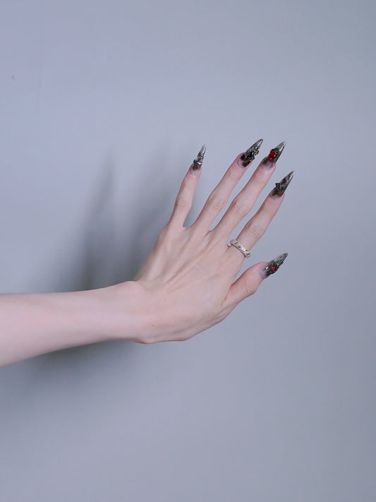 Extra Long Stiletto Black Dark Overlord & Blood Gem Press On Nails