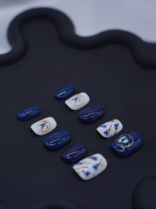 Short Coffin Cloisonné & White Press On Nails