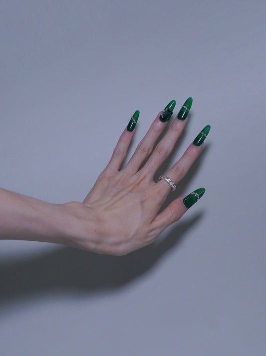 Long Oval Green Empire Gem Press On Nails