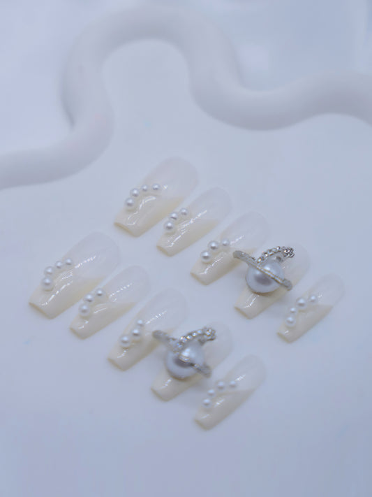 Long Coffin White Pearl & Punk Accessories Press On Nails
