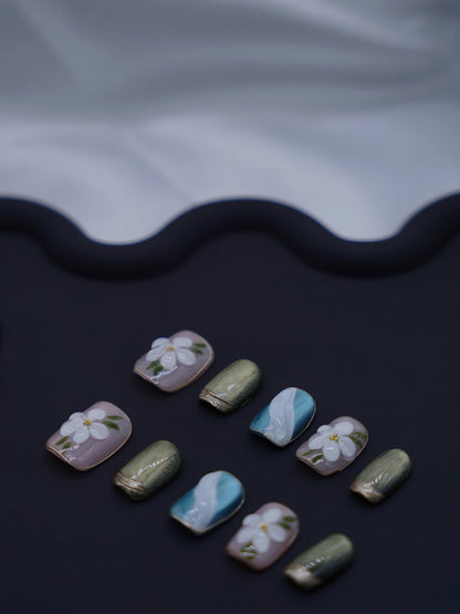 Short Coffin Cateye Colorful 3D Flower Press On Nails