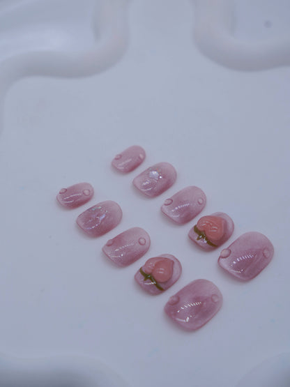 Short Rounded Cateye 3D Pink Peach Press On Nails