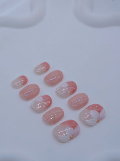 Short Rounded Cateye Pink Sakura Press On Nails