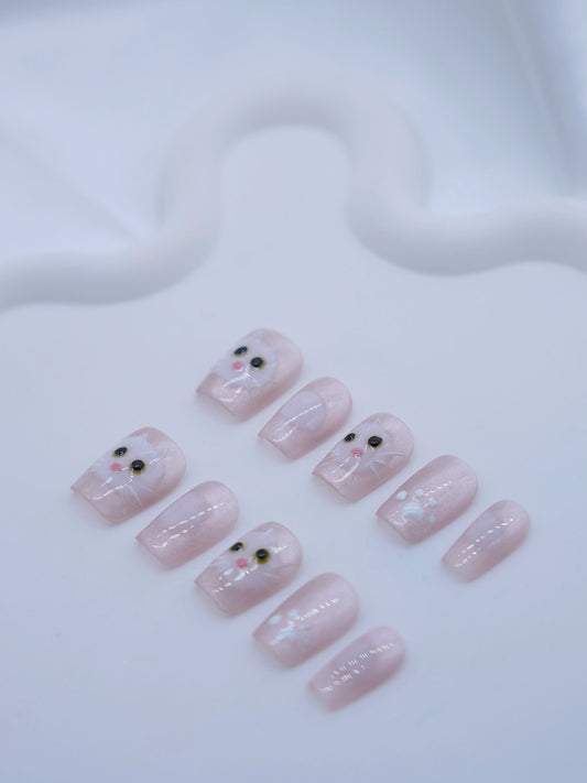 Short Coffin Shiny Pink & Embossed White Cat Press On Nails