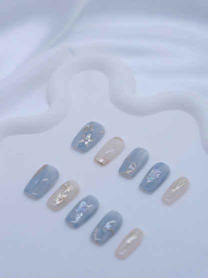 Mid-Long Coffin Cyan With Embossed Flower Press On Nails