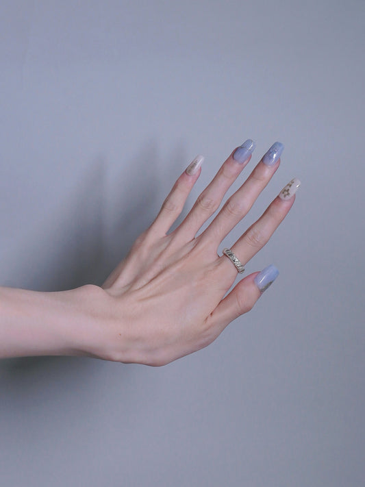 Mid-Long Coffin Cyan With Embossed Flower Press On Nails