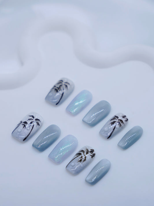 Mid-Long Coffin Cateye Shiny Blue With Palm Tree Press On Nails