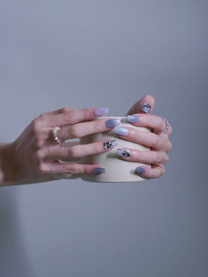 Mid-Long Coffin Cateye Shiny Blue With Palm Tree Press On Nails