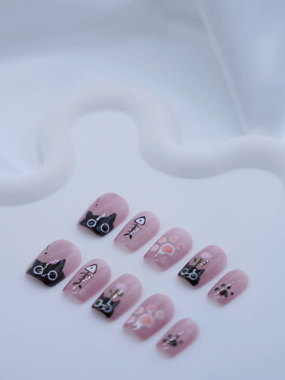 Short Coffin Cateye Pink Cute Kitten & Fish Bone Press On Nails