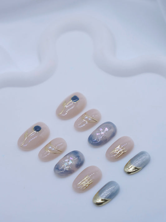 Mid-Long Oval Colorful With Embossed Flower Press On Nails