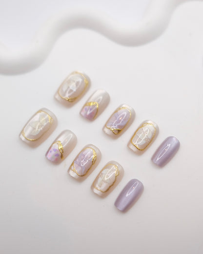 Short Coffin Gold and Purple Embossed Flower Press On Nails