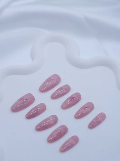 Mid-Long Almond Shiny Pink Butterfly Press On Nails