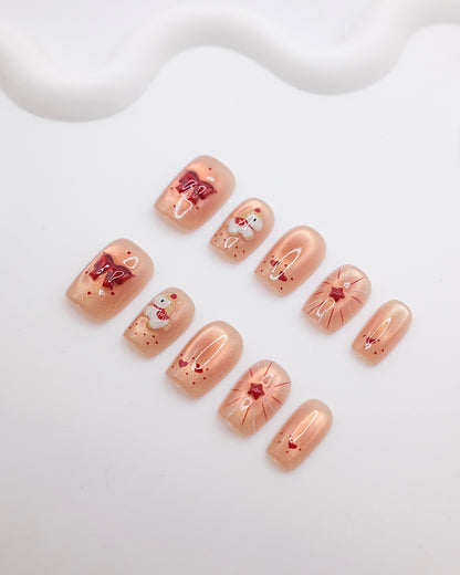 Short Coffin Nude Bow tie Chinese New Year of Horse Press On Nails