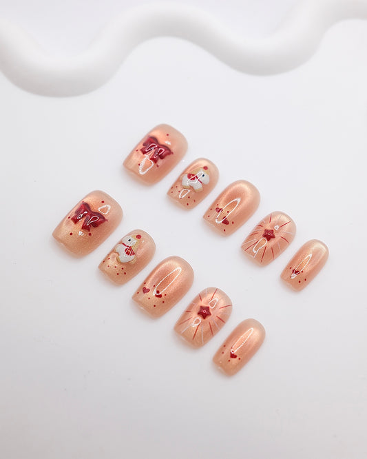 Short Coffin Nude Bow tie Chinese New Year of Horse Press On Nails
