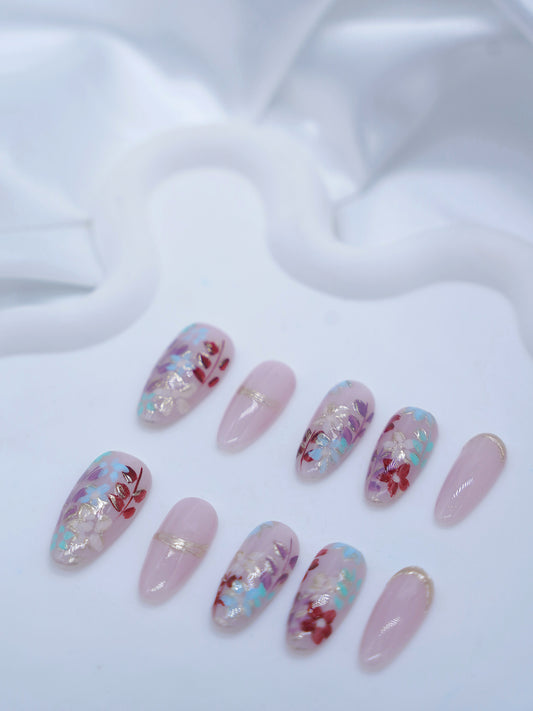 Long Almond l Pink Embossed Flower Press On Nails