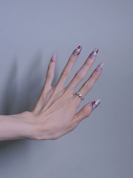 Mid-Long Almond l Pink Embossed Flower Press On Nails