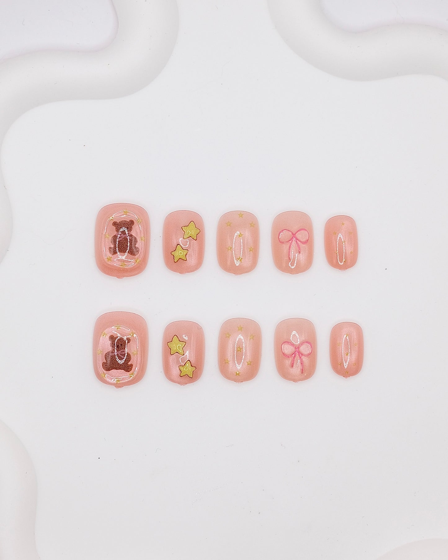 Short Rounded Pink Bear & Bowtie Press On Nails