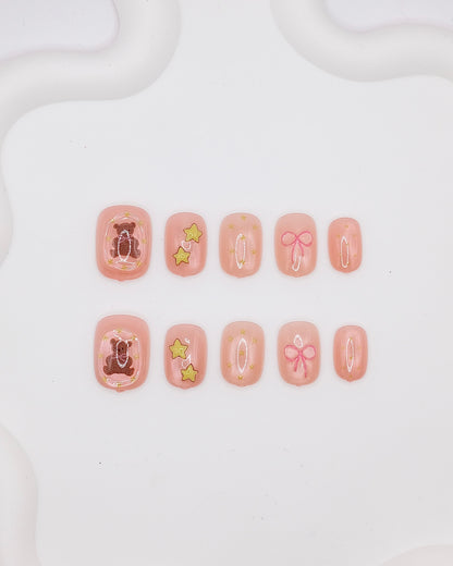 Short Rounded Pink Bear & Bowtie Press On Nails