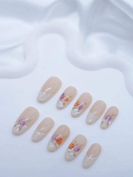 Long Almond White Flower Press On Nails