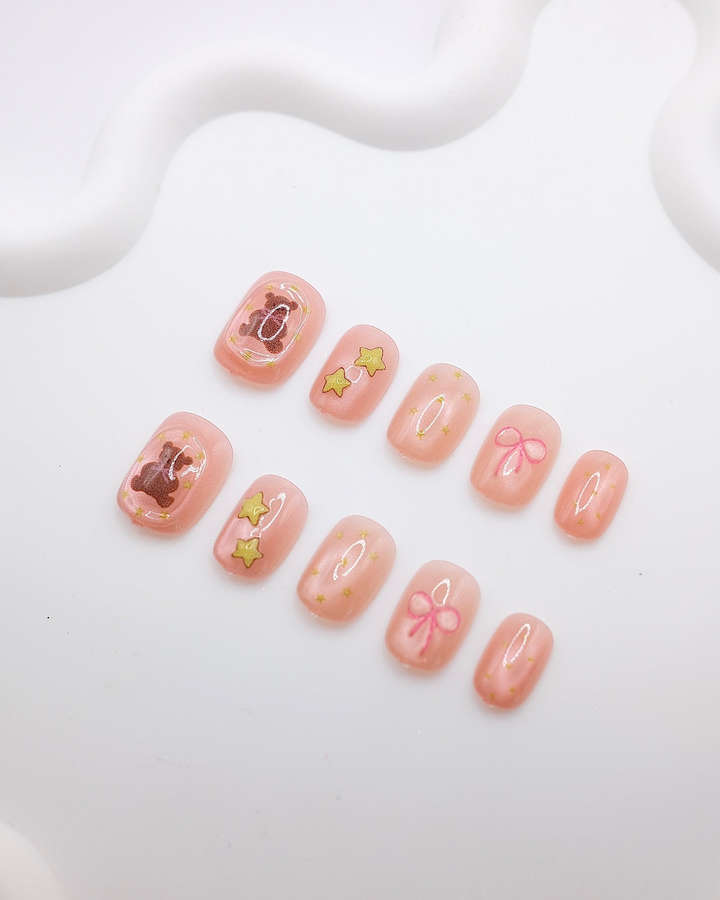 Short Rounded Pink Bear & Bowtie Press On Nails