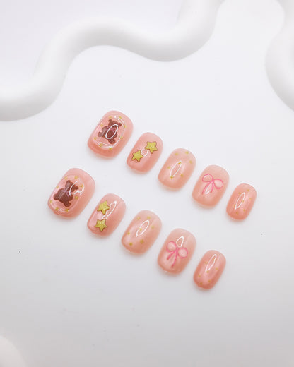 Short Rounded Pink Bear & Bowtie Press On Nails