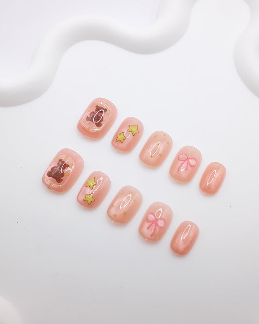 Short Rounded Pink Bear & Bowtie Press On Nails