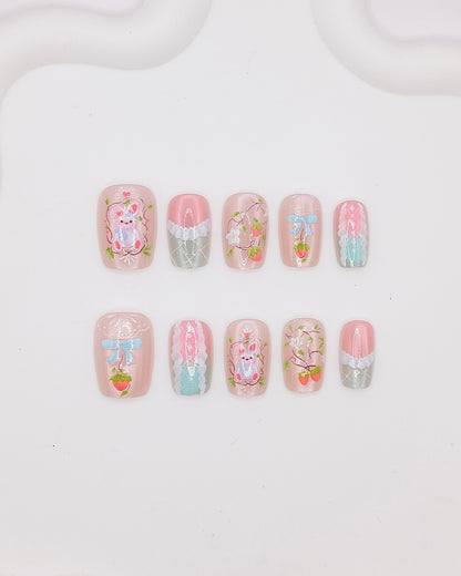 Short Coffin Colorful Easter Rabbit Press On Nails