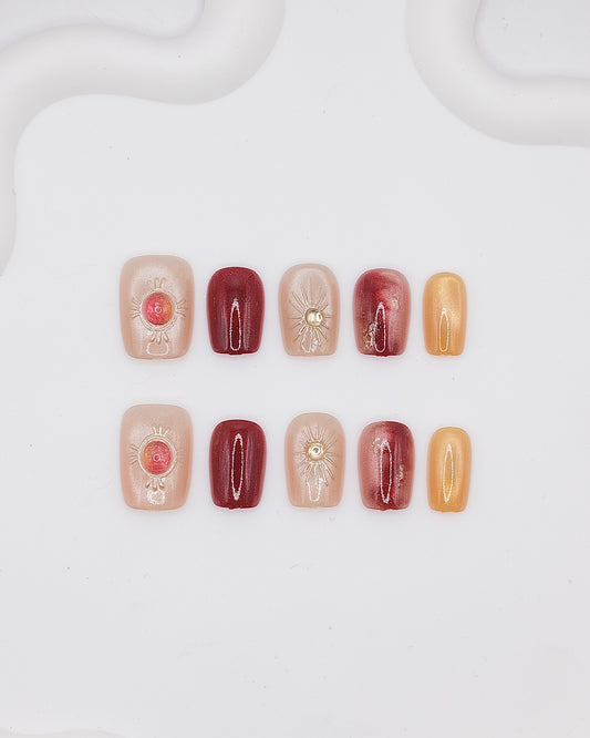 Short Coffin Gold & Ruby Gem Press On Nails