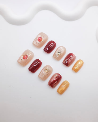 Short Coffin Gold & Ruby Gem Press On Nails