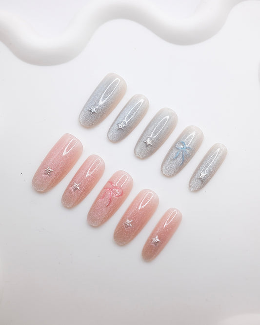 Long Oval Blue & Pink Bowtie with Star Press On Nails