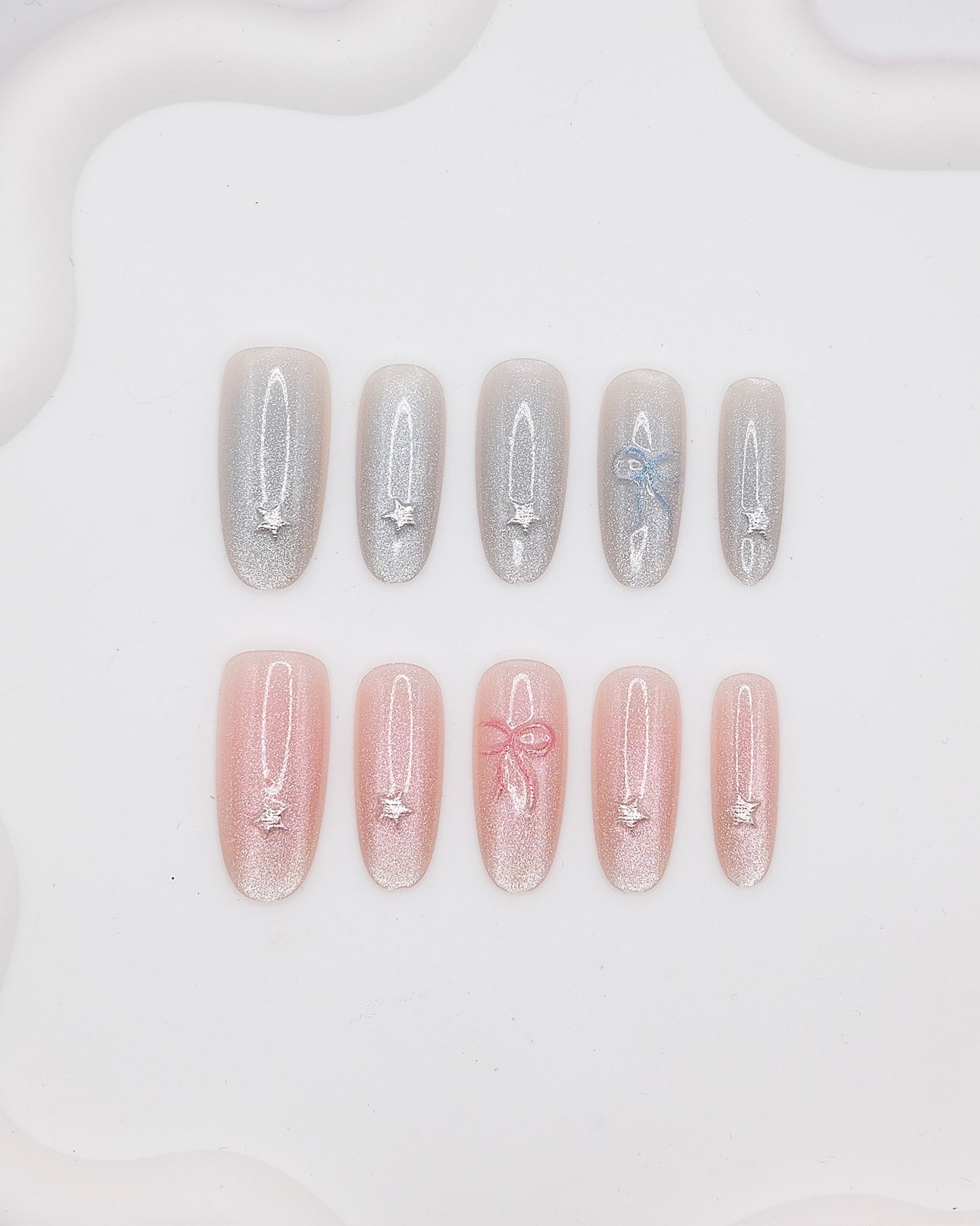 Long Oval Blue & Pink Bowtie with Star Press On Nails