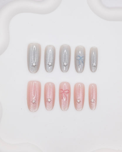 Long Oval Blue & Pink Bowtie with Star Press On Nails