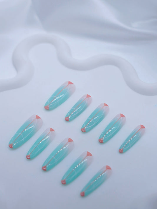 Extra Long Oval Pinstripe Mint Summer Sweet Dream Press On Nails