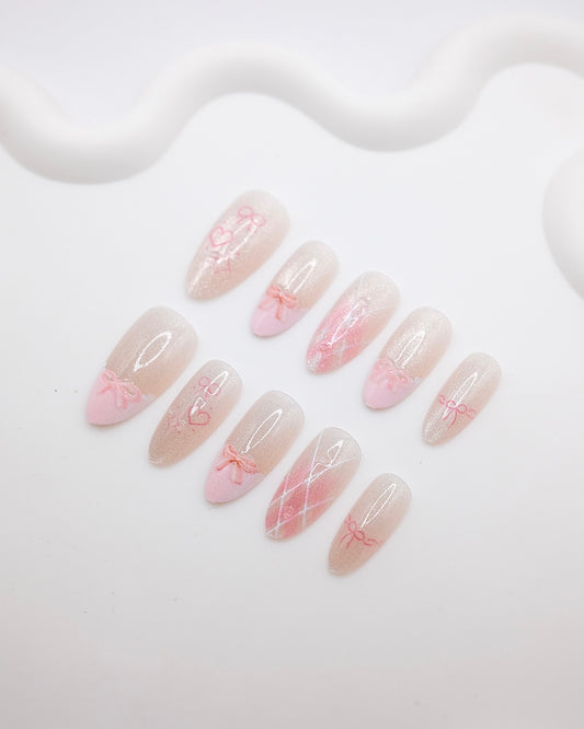 Long Almond Pink Bowtie Princess Press On Nails