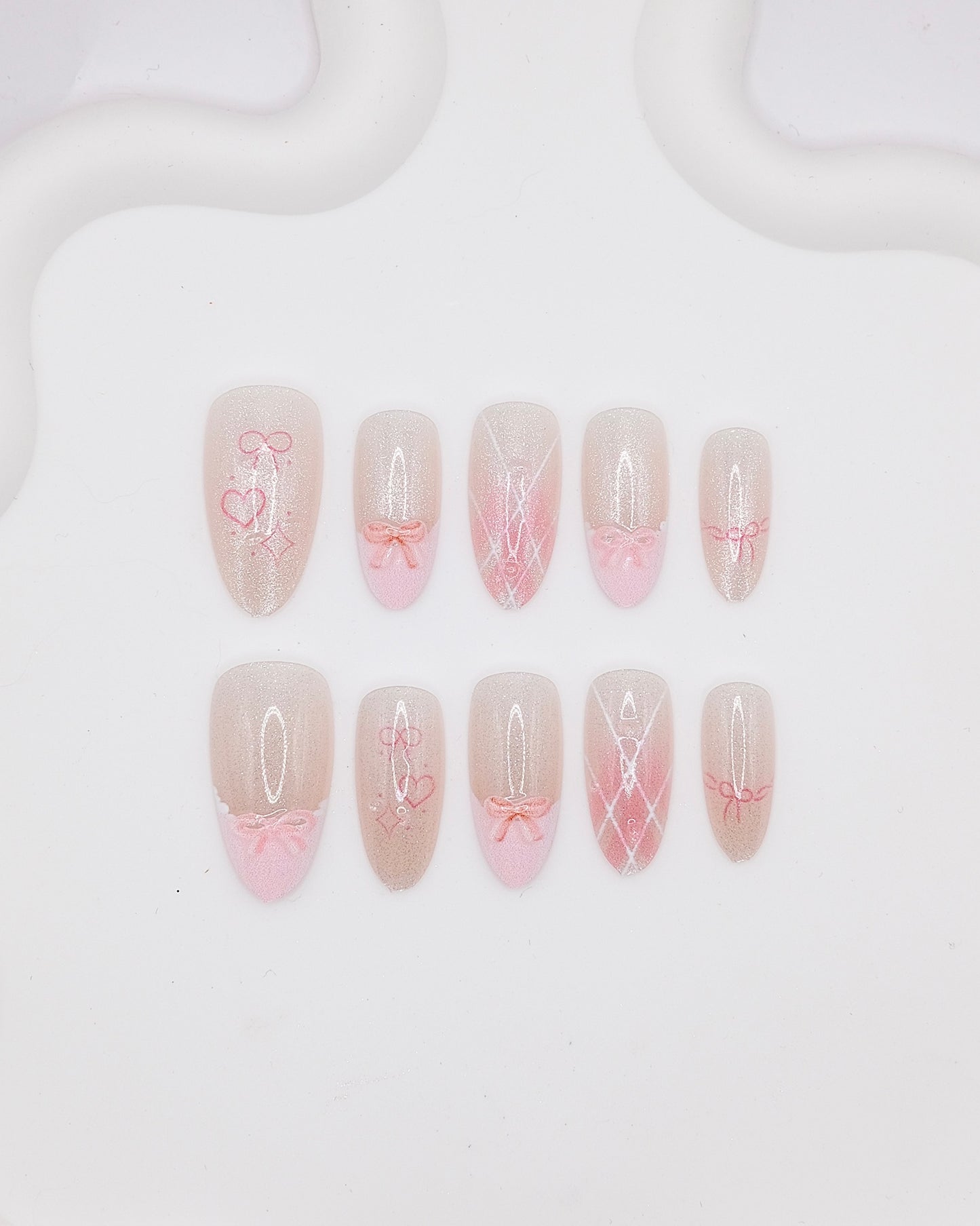 Long Almond Pink Bowtie Princess Press On Nails