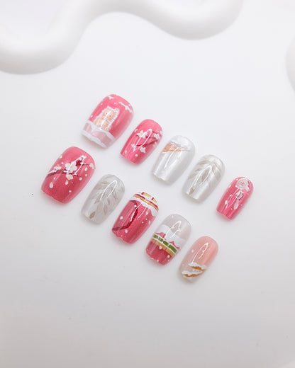 Short Coffin Pink Cute Kitten New Year Press On Nails