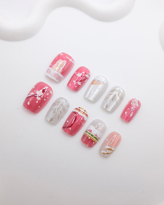 Short Coffin Pink Cute Kitten New Year Press On Nails