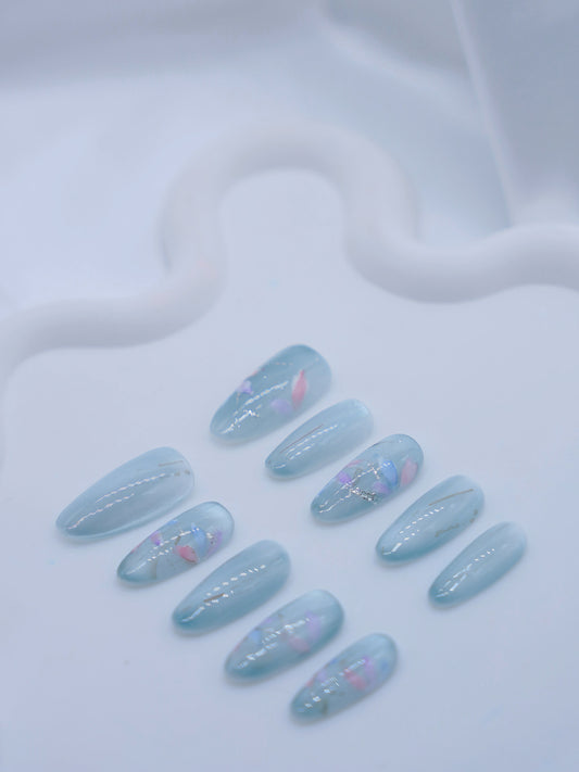 Long Almond Cateye Blue Flower Press On Nails