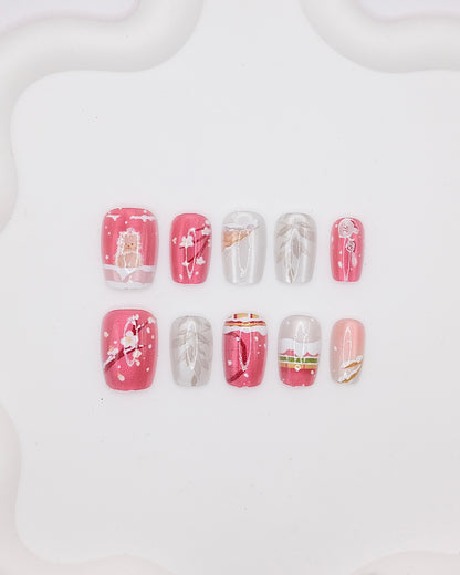 Short Coffin Pink Cute Kitten New Year Press On Nails