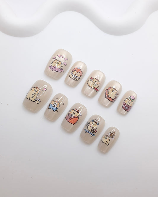 Short Coffin White Hamster Time Press On Nails