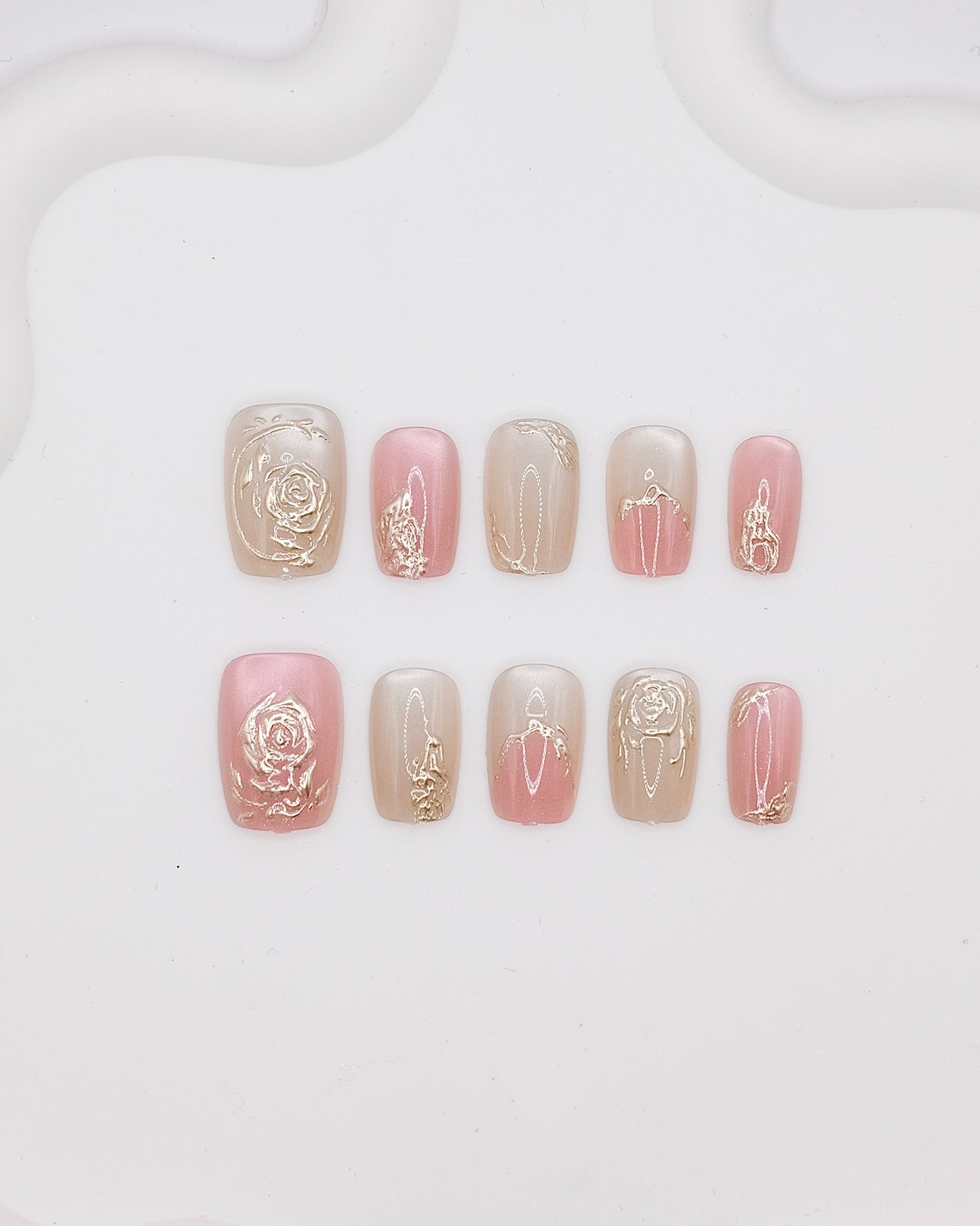 Short Coffin Pink Gold Embossed Rose Press On Nails
